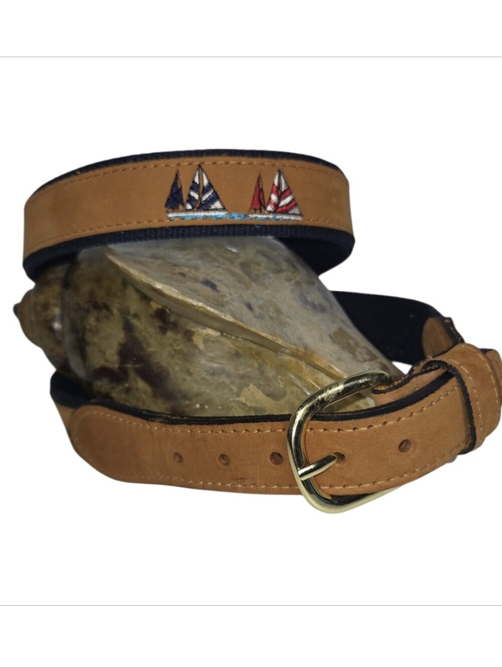 West Marine Leather And Cotton Webbing Embroidered Sailboats Belt Size 38